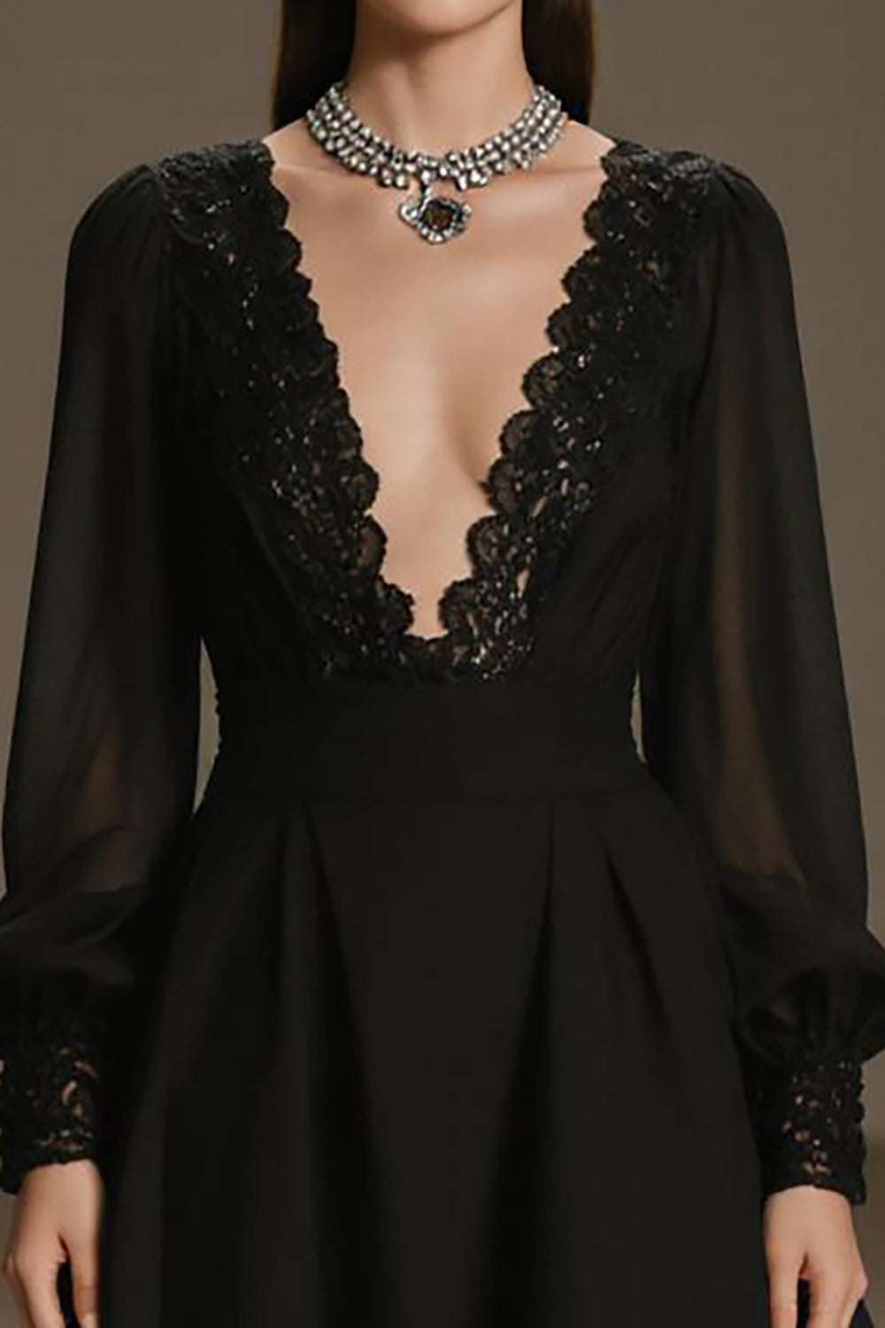 Black Chiffon Deep V-Neck A Line Short Cocktail Dress with Sleeves