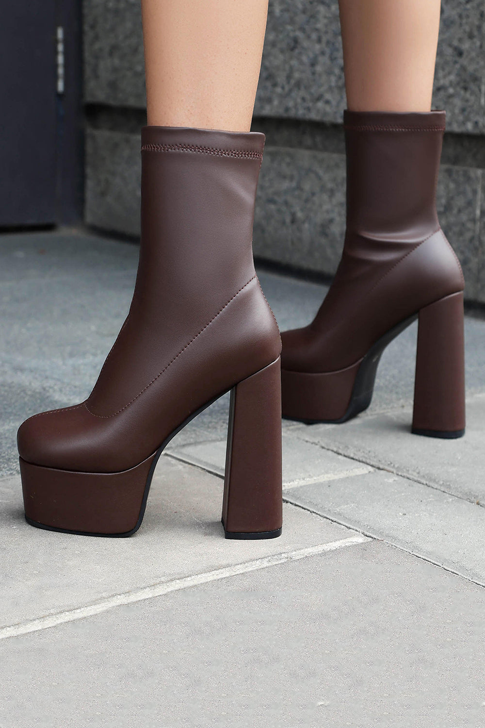 Black Round Toe Platform Chunky Heel Ankle Boots