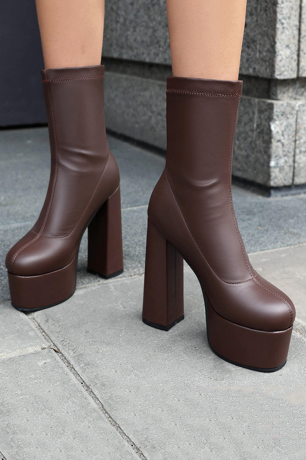 Black Round Toe Platform Chunky Heel Ankle Boots