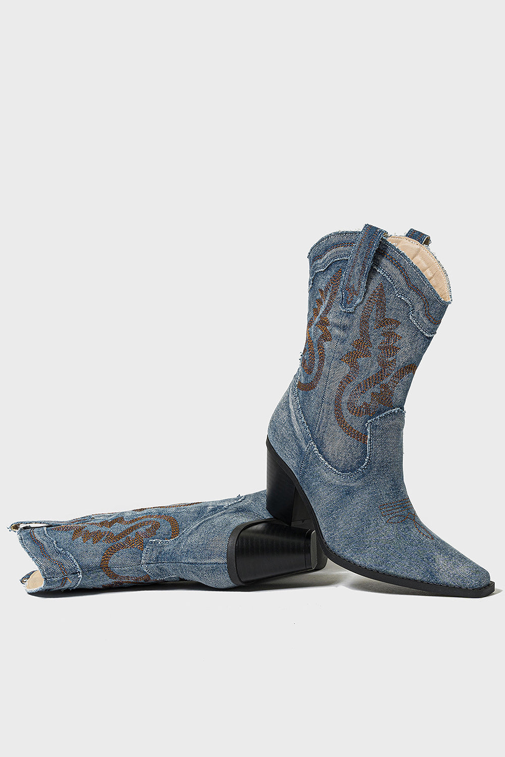 Dark Blue Wide Calf Pointed Toe Chunky Heel Embroidered Cowgirl Boots