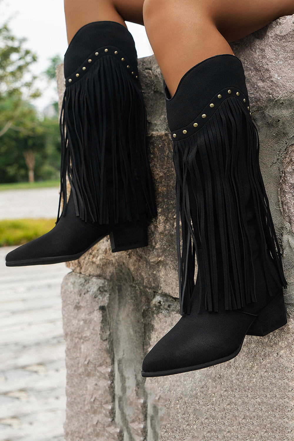 Brown Leopard Wide Calf Chunky Heel Cowgirl Boots with Fringes