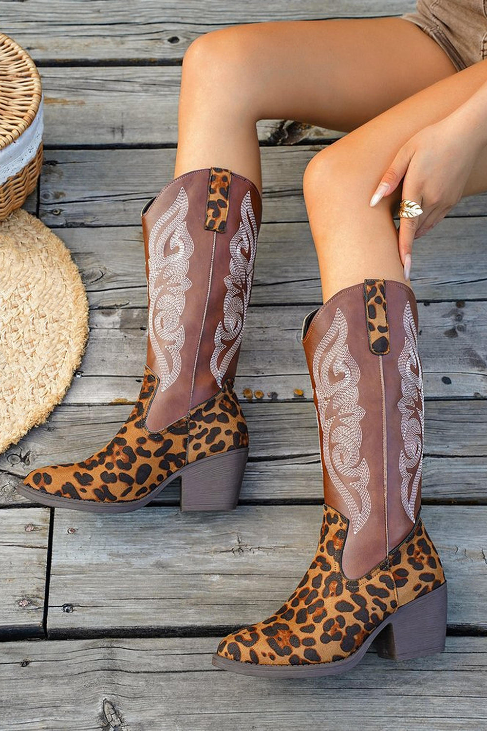 Brown Leopard Chunky Heel Wide Calf Embroidered Cowgirl Boots