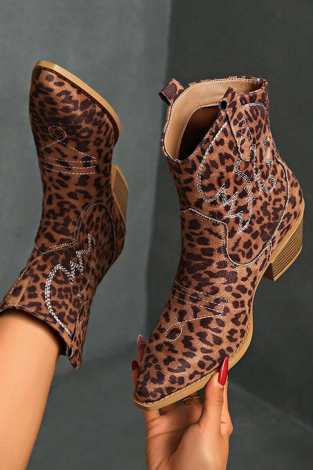 Brown Leopard Pointed Toe Chunky Heel Embroidered Cowgirl Ankle Boots