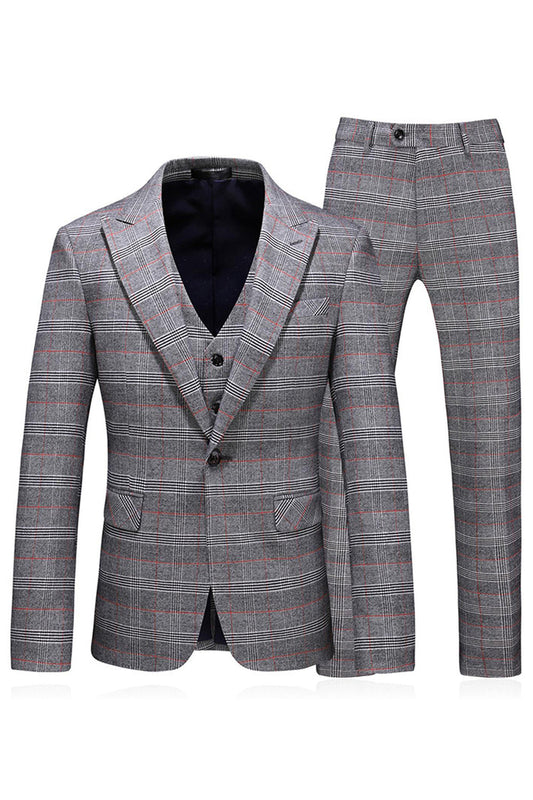 Men's Grey Plaid Peak Lapel 3 Pieces Prom Suits