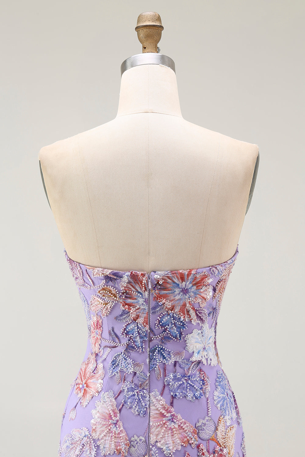 Strapless Purple Floral Sheath Prom Dress with Beading