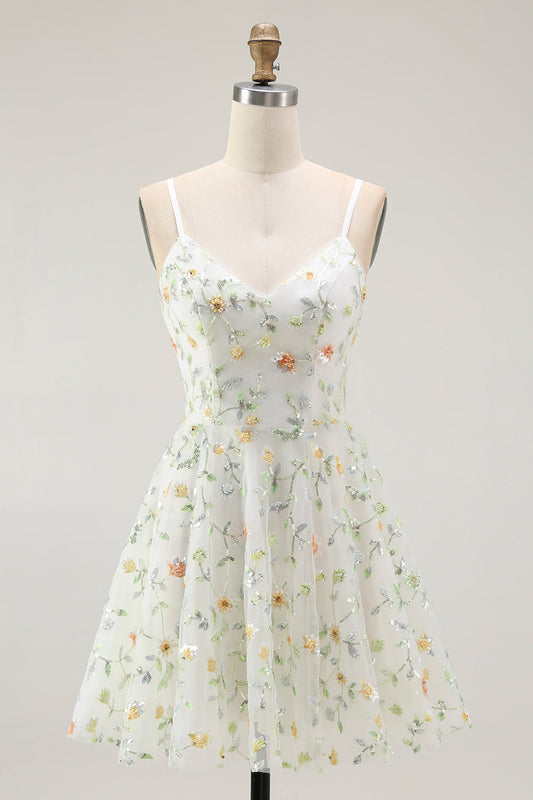 Green Floral A Line Spaghetti Straps Short Homecoming Dress
