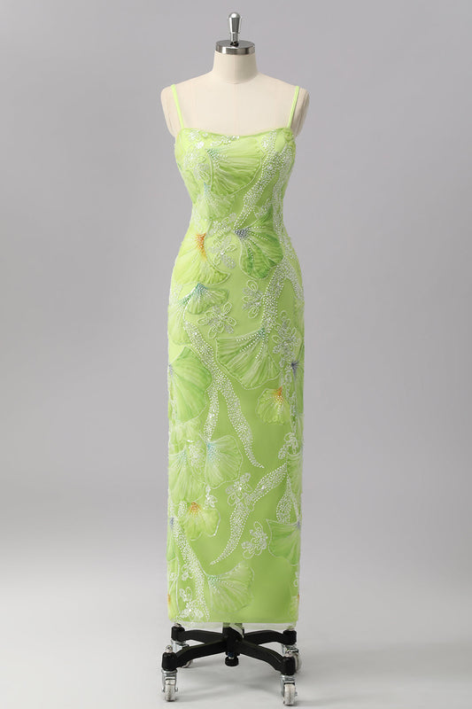 Green Sheath Sequins Spaghetti Straps Beaded Prom Dress with Slit