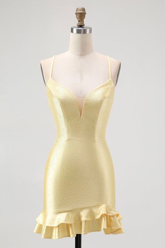 Yellow Beaded Bodycon Ruffled Mini Homecoming Dress
