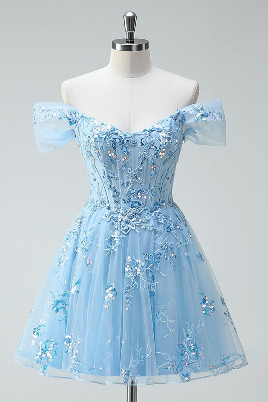 Sparkly Sky Blue Off The Shoulder A-Line Corset Homecoming Dress