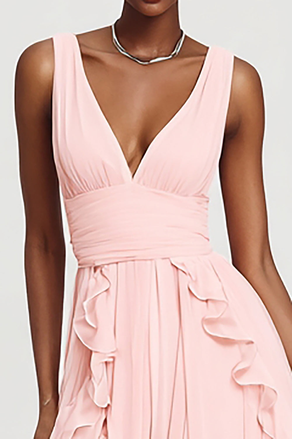 Pink A Line Ruffled Chiffon Long Formal Dress with Slit