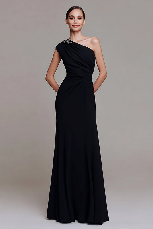 One Shoulder Black Mermaid Long Formal Dress with Beading