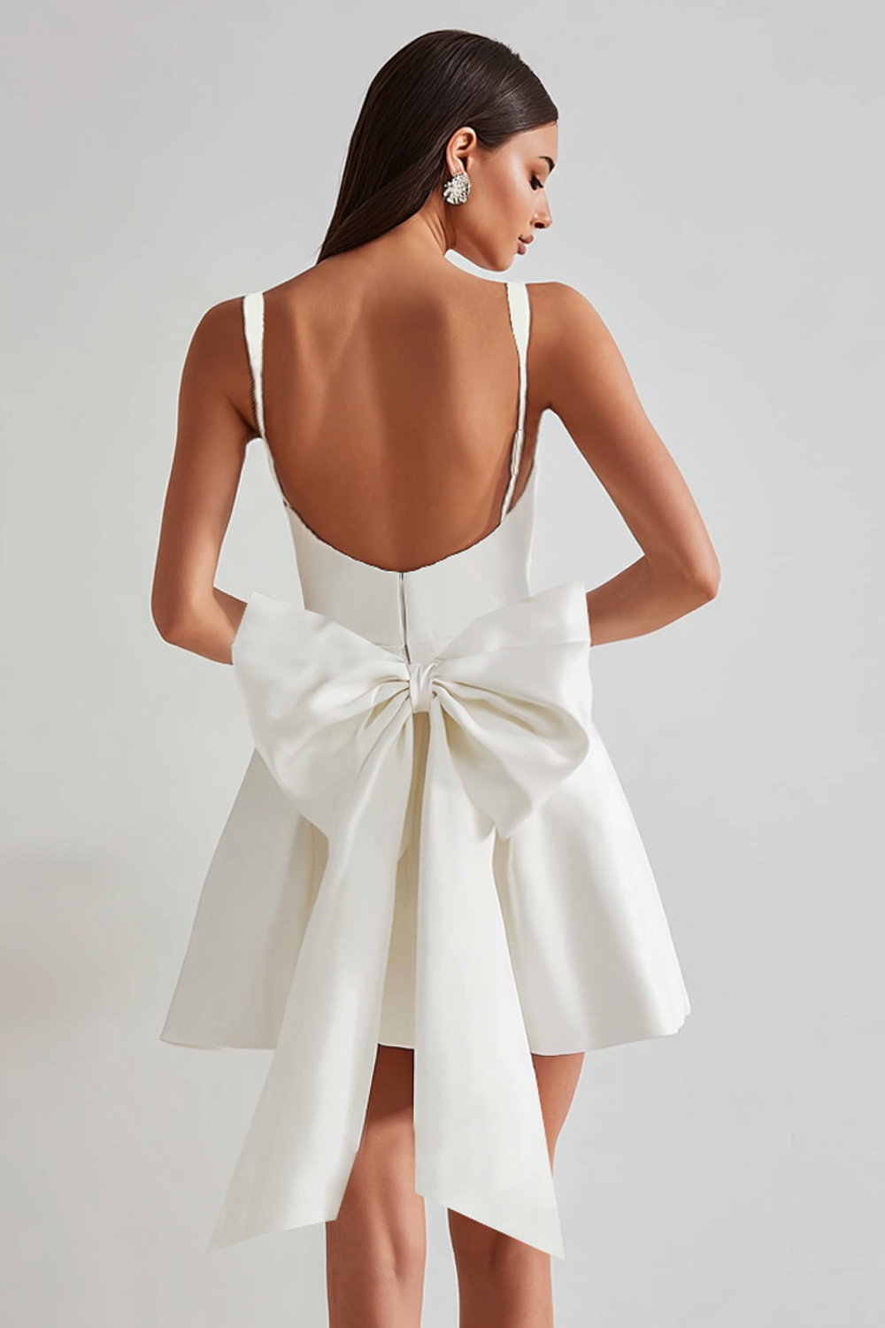 Ivory A Line Square Neck Backless Short Homecoming Dress with Back Giant Bow