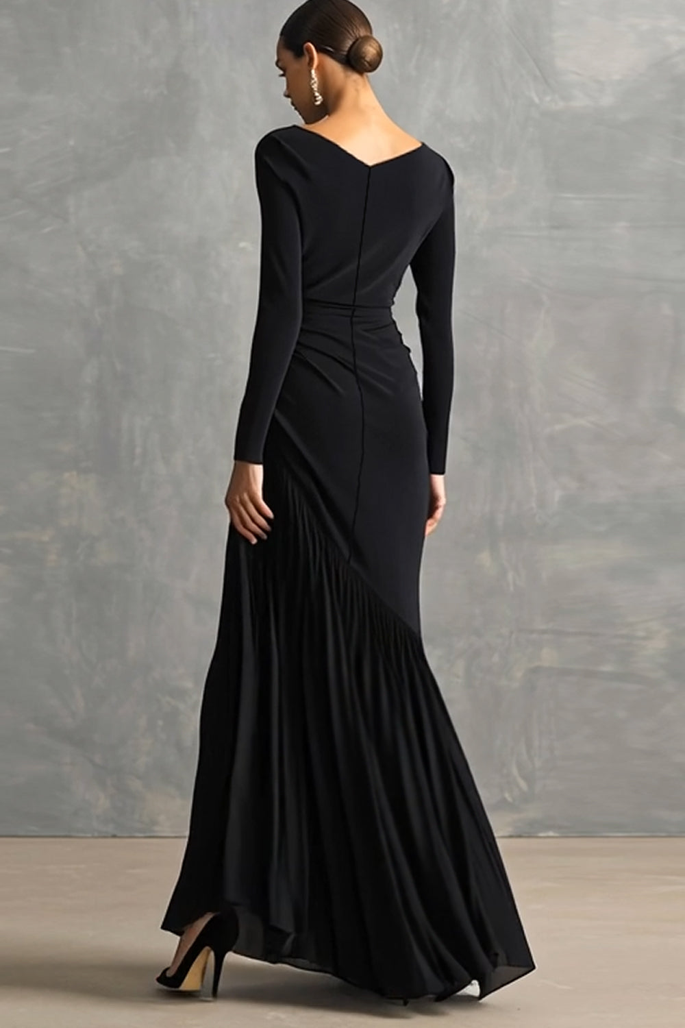 Black Crepe Chiffon Mermaid Formal Dress with Ruffles