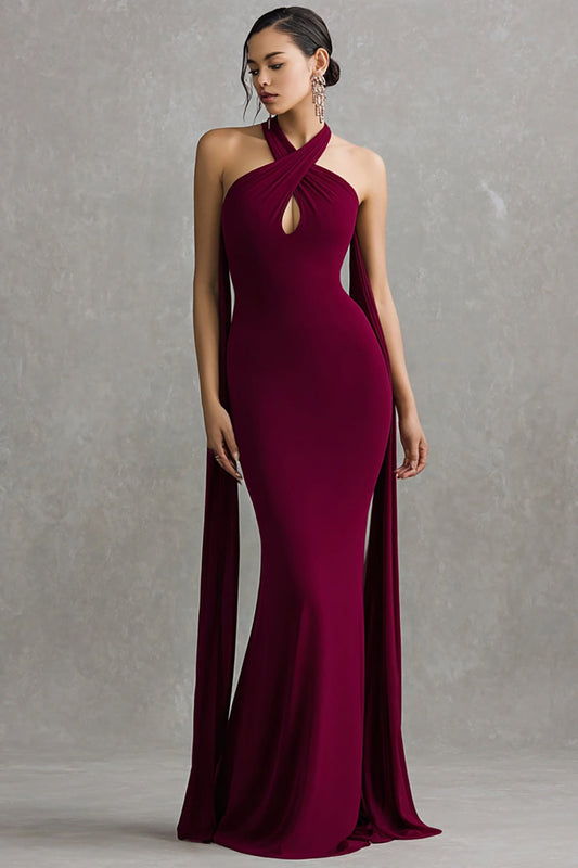 Burgundy Halter Spandex Mermaid Long Formal Dress