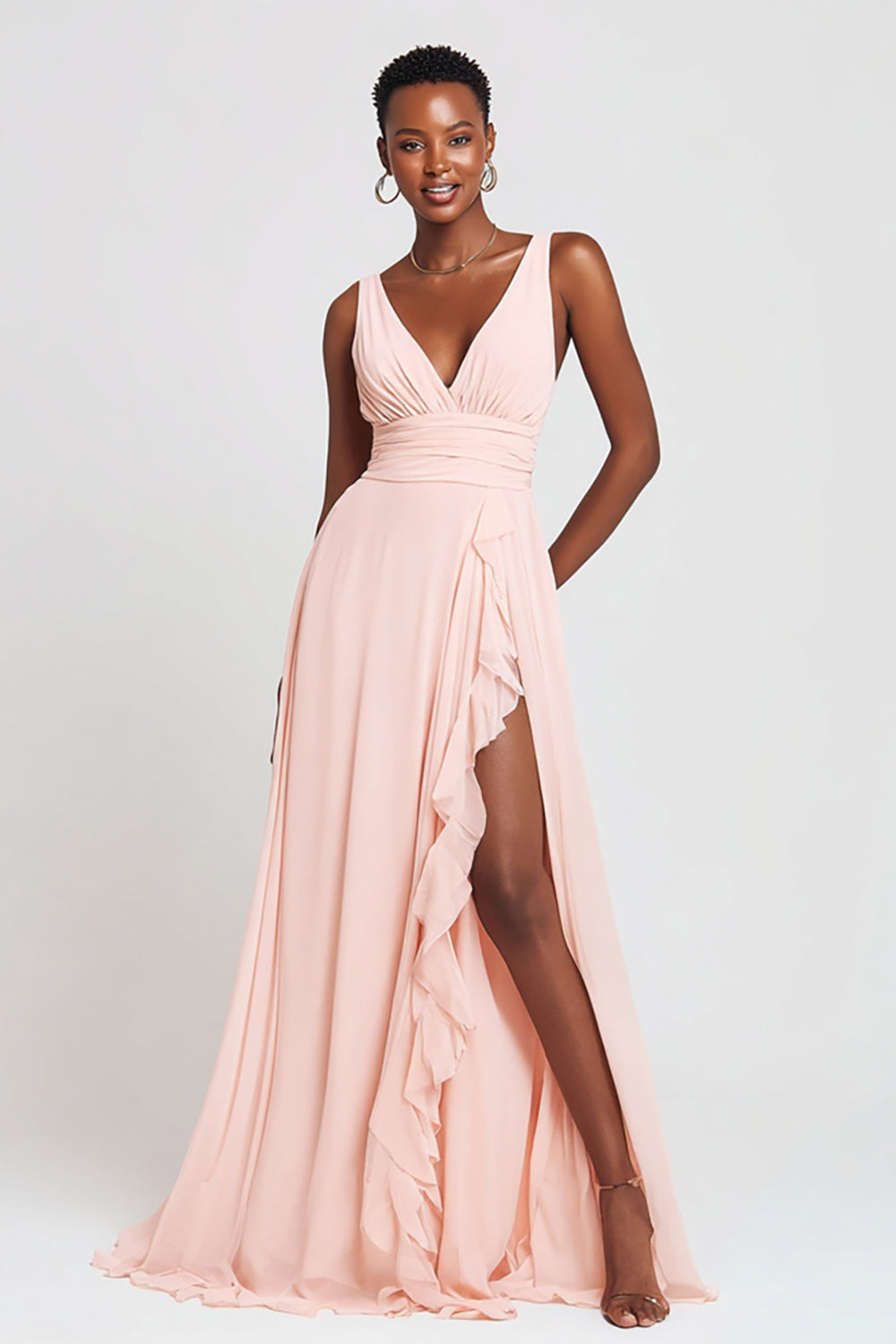 Pink V-Neck A Line Maxi Ruffled Formal Dress
