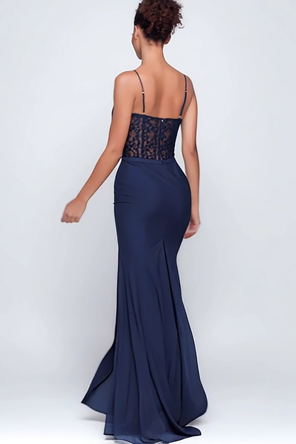 Navy Corset Sweetheart Sheath Maxi Formal Dress with Lace