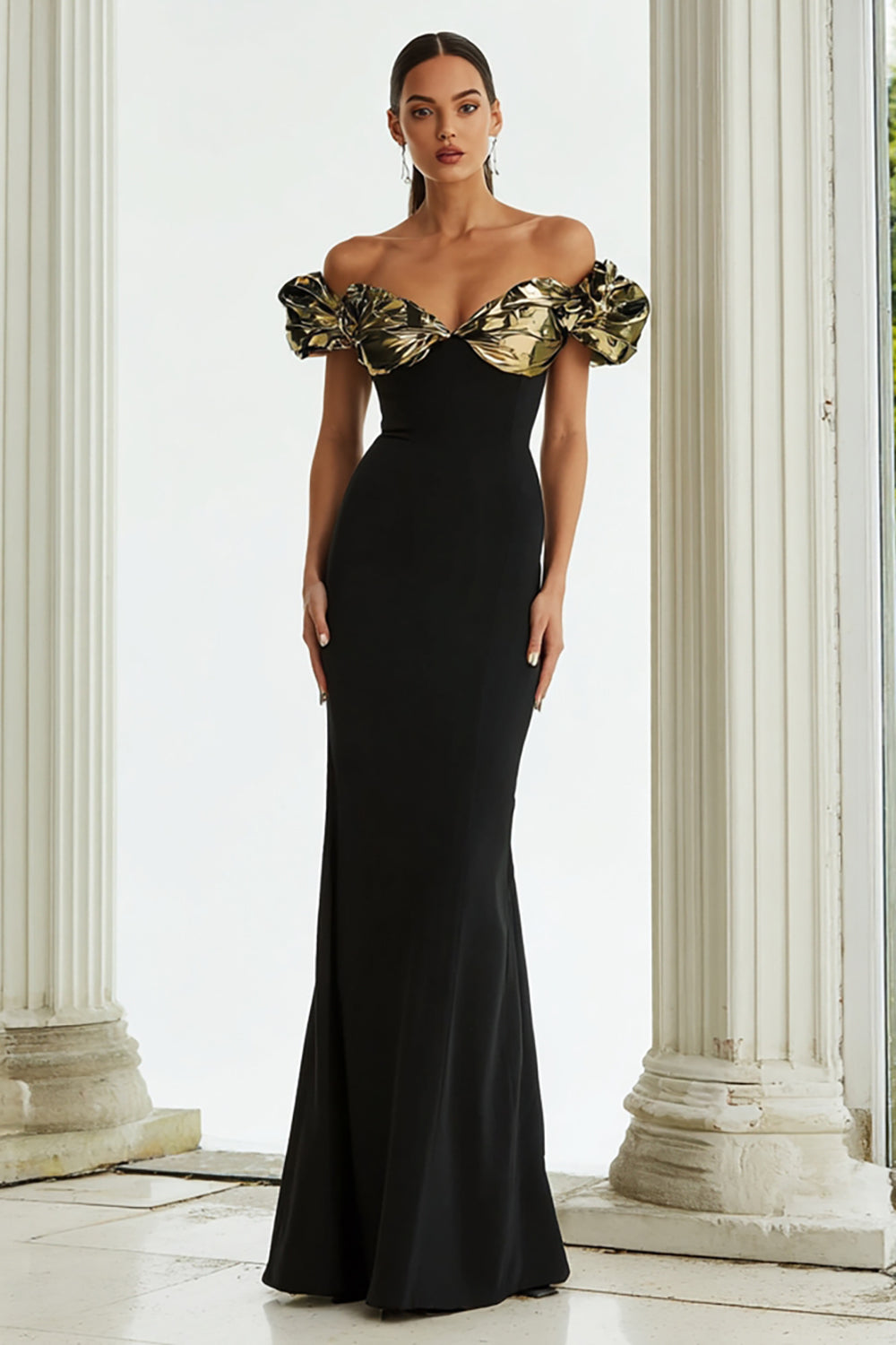 Black Off the Shoulder Mermaid Long Formal Dress with Ruffles