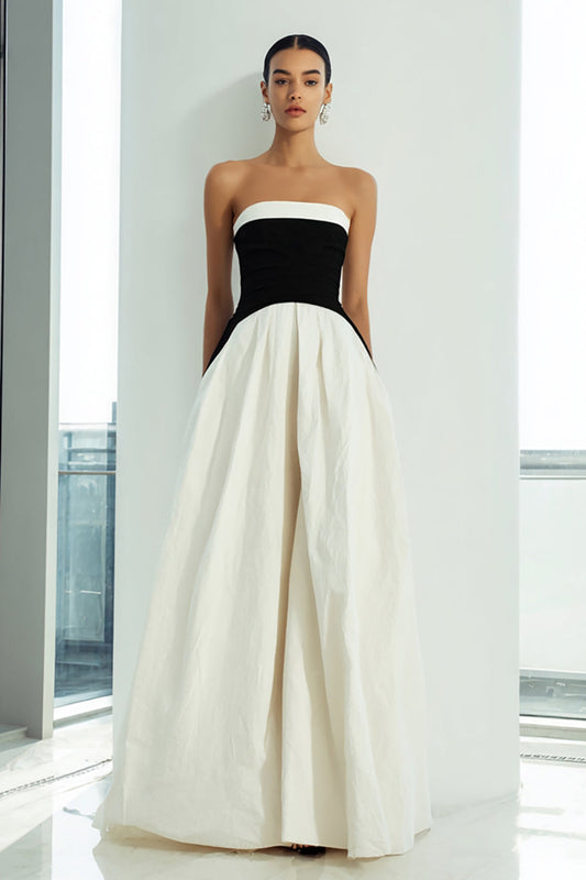 Simple Black and White  A Line Strapless Long Formal Dress
