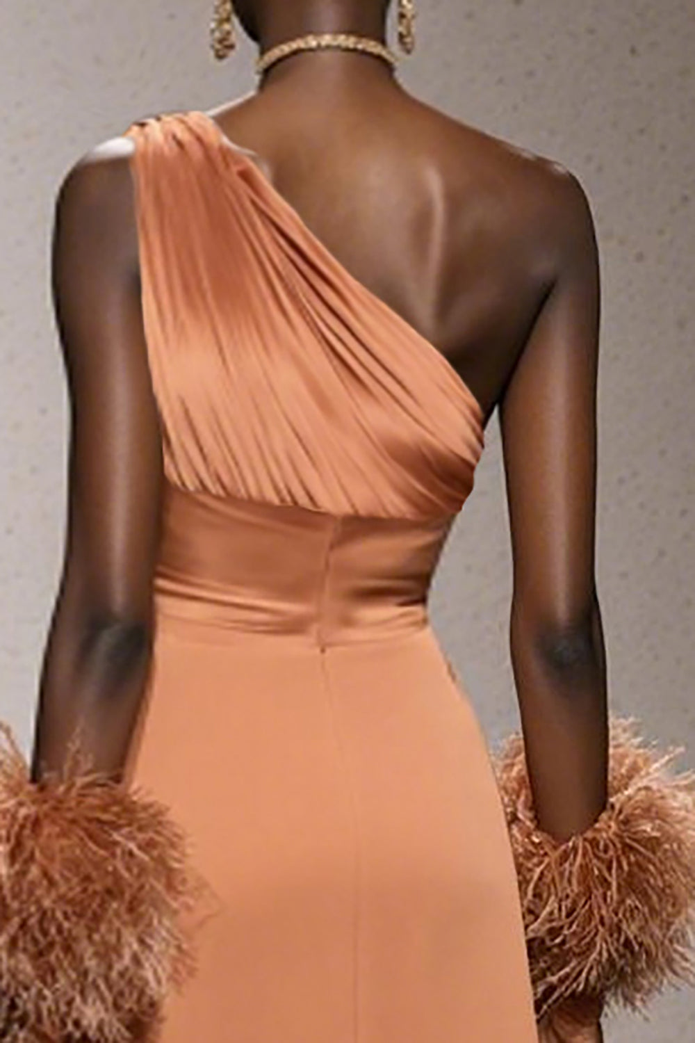 Orange One Shoulder Satin Mermaid Long Pageant Dress with Feathers