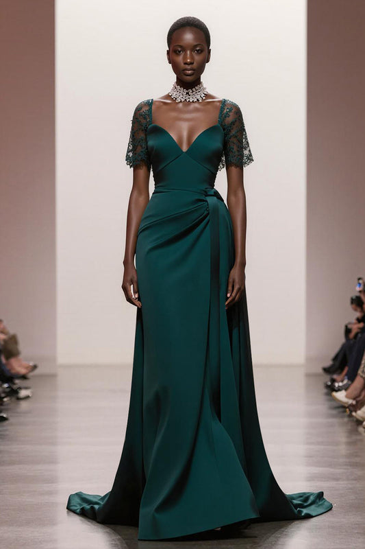 A-Line Dark Green Short Sleeve Pageant Dress