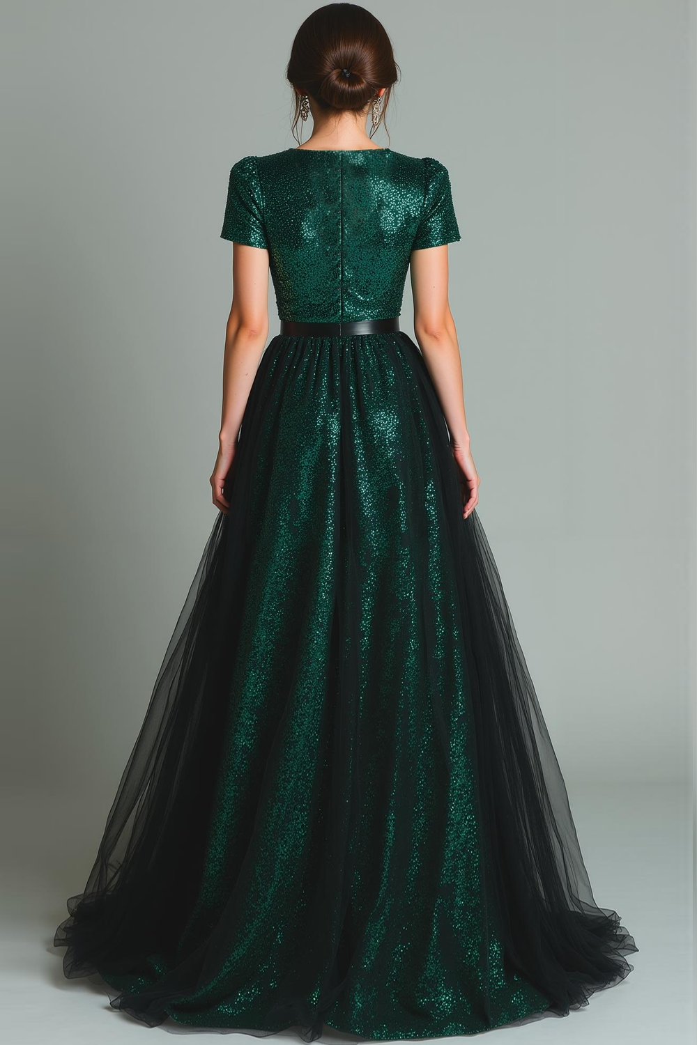 Sparkly Dark Green V-Neck Sequin A Line Long Formal Dress with Sleeves