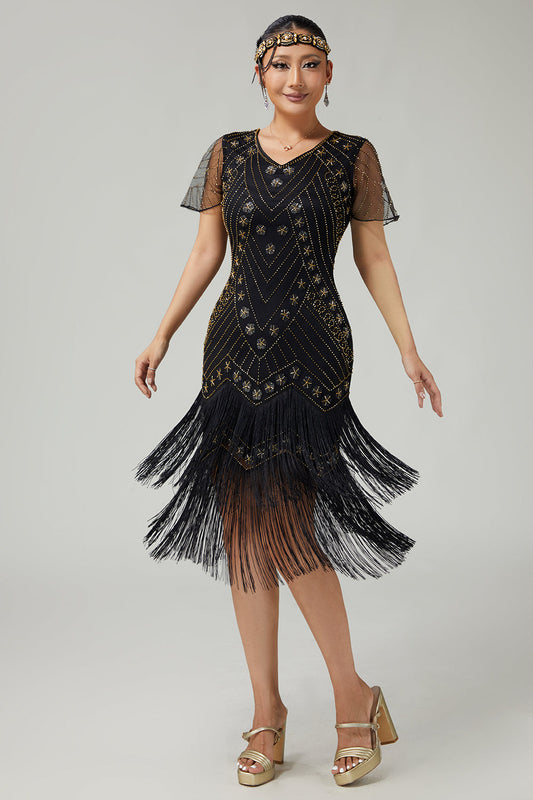 Black Golden Riered Fringed 1920s Dress With Beading