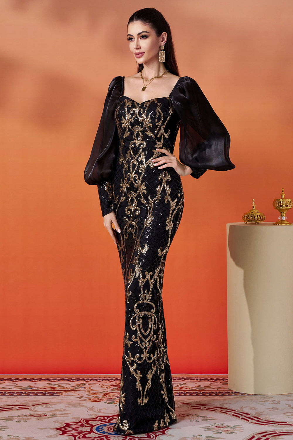 Sparkly Black Golden Mermaid Long Sleeve Formal Dress