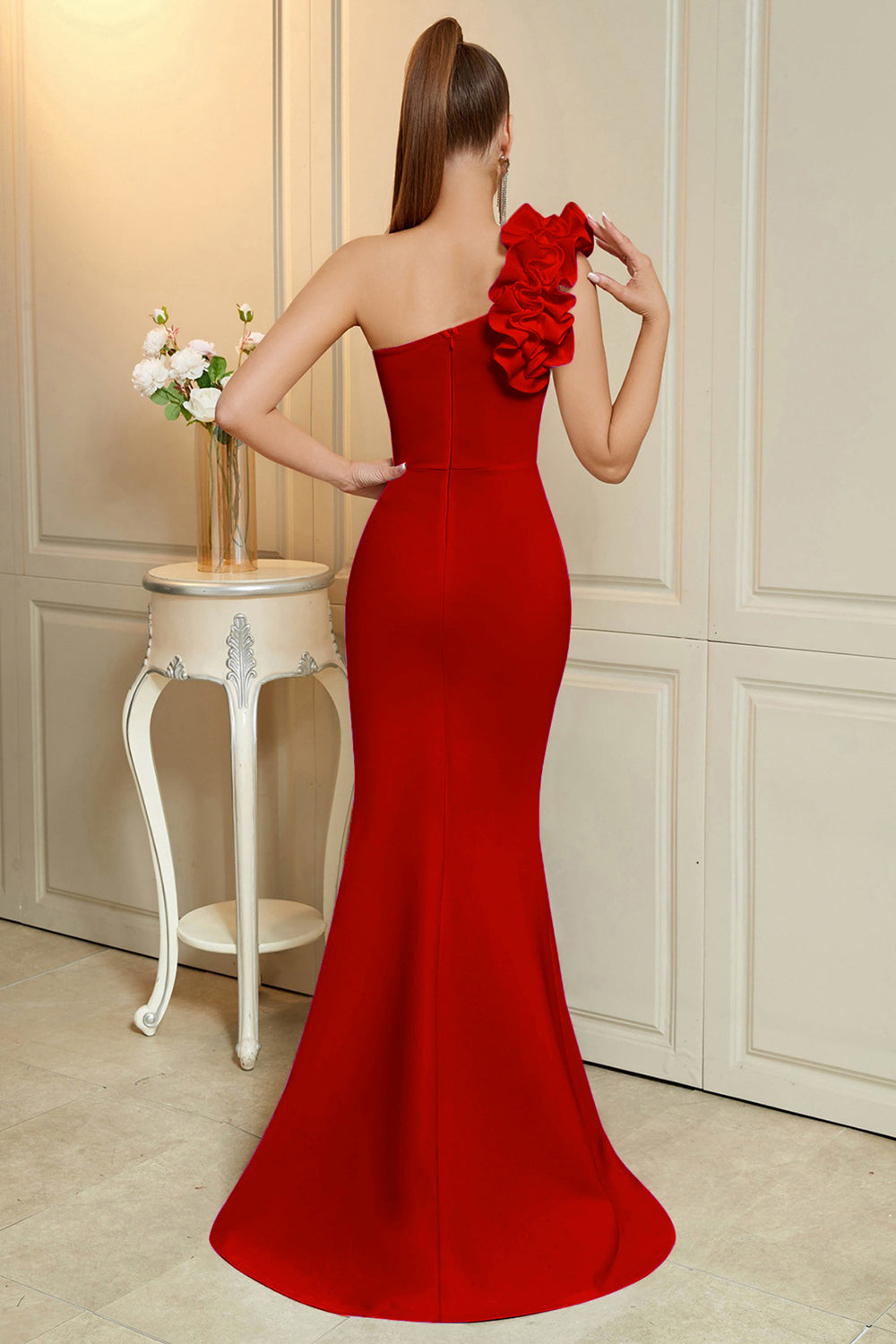 Long One Shoulder Mermaid Red Prom Dress with Slit