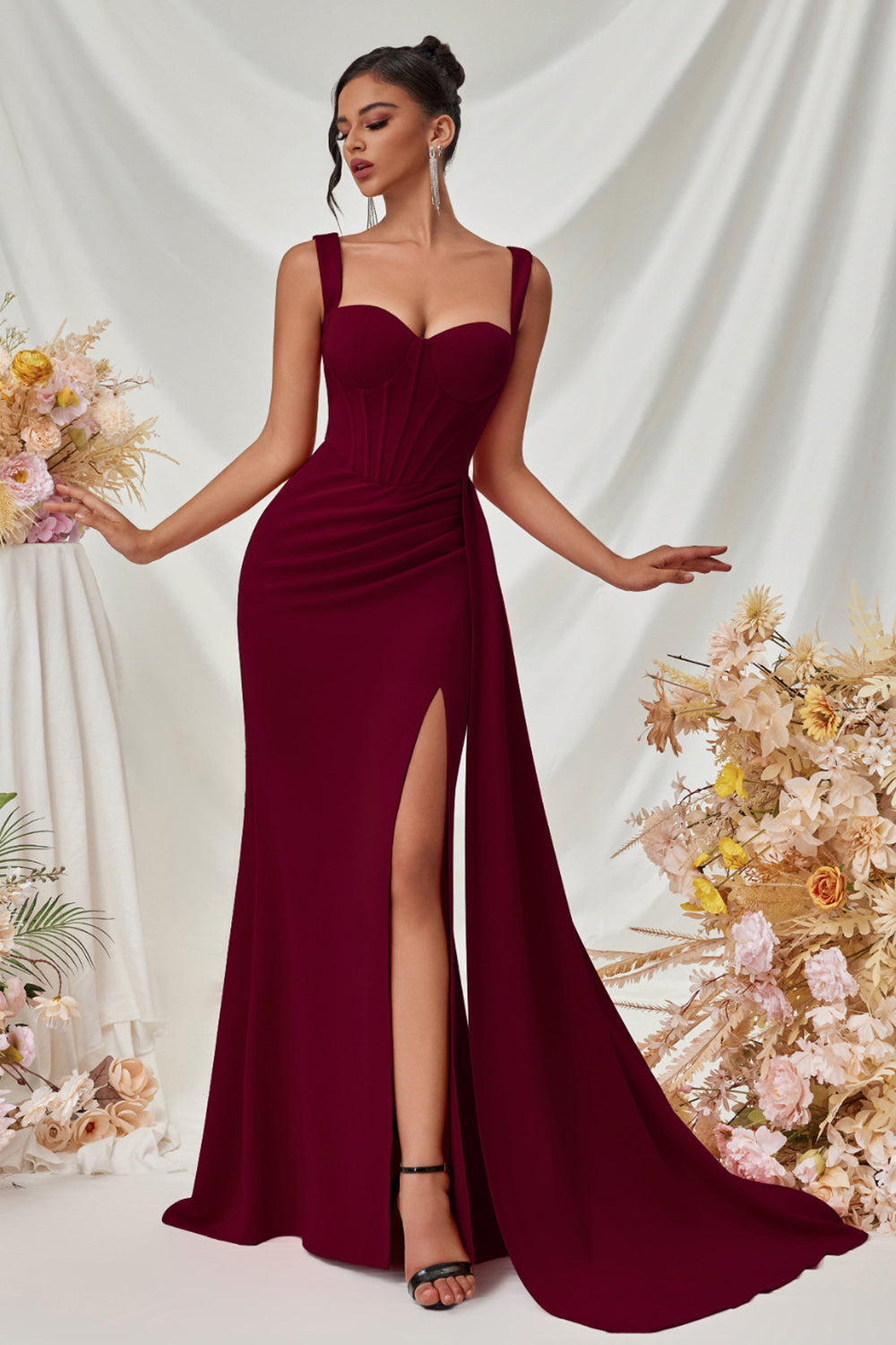 Maxi Thick Straps Mermaid Black Prom Dress with Slit