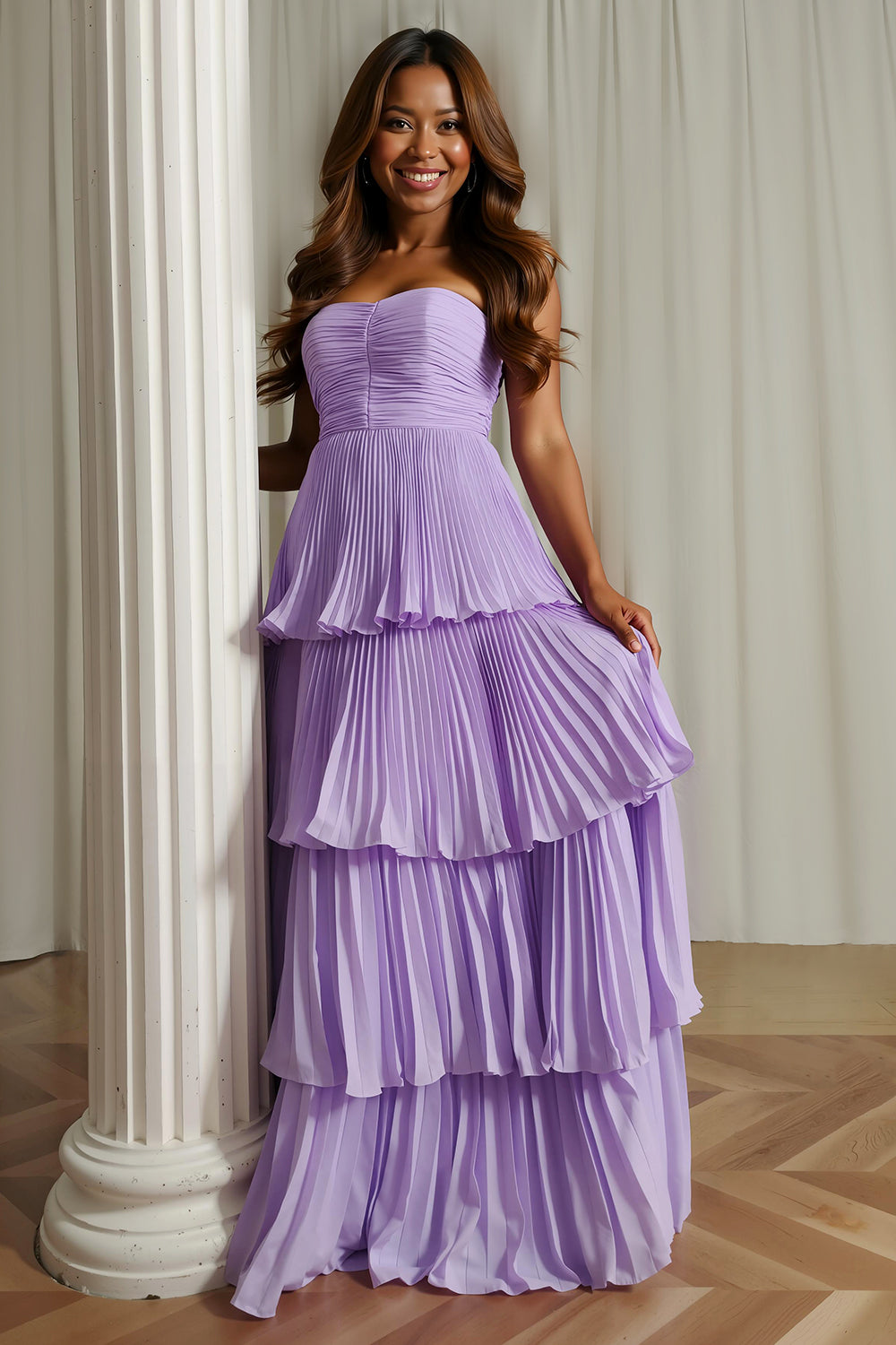 Dusty Blue Strapless A-Line Pleated Tiered Bridesmaid Dress