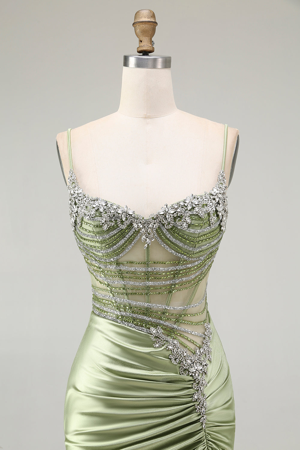 Green Mermaid Corset Ruched Satin Prom Dress with Slit