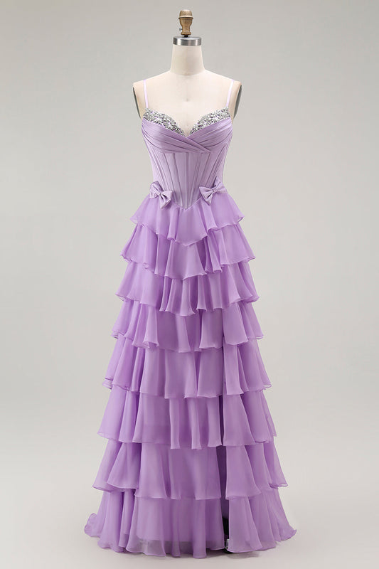 Purple A-Line Beaded Corset Tiered Ruffle Long Prom Dress with Lace Up Back