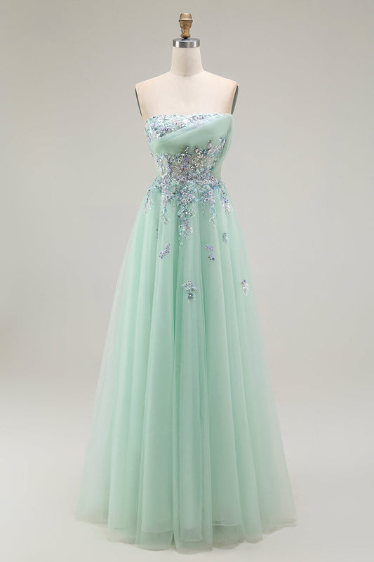 Green A-Line Strapless Tulle Sheer Corset Long Prom Dress with Appliques