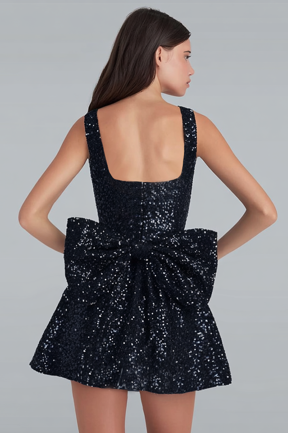 Sparkly Black A Line Square Neck Sequins Short Homecoming Dress with Back Giant Bow
