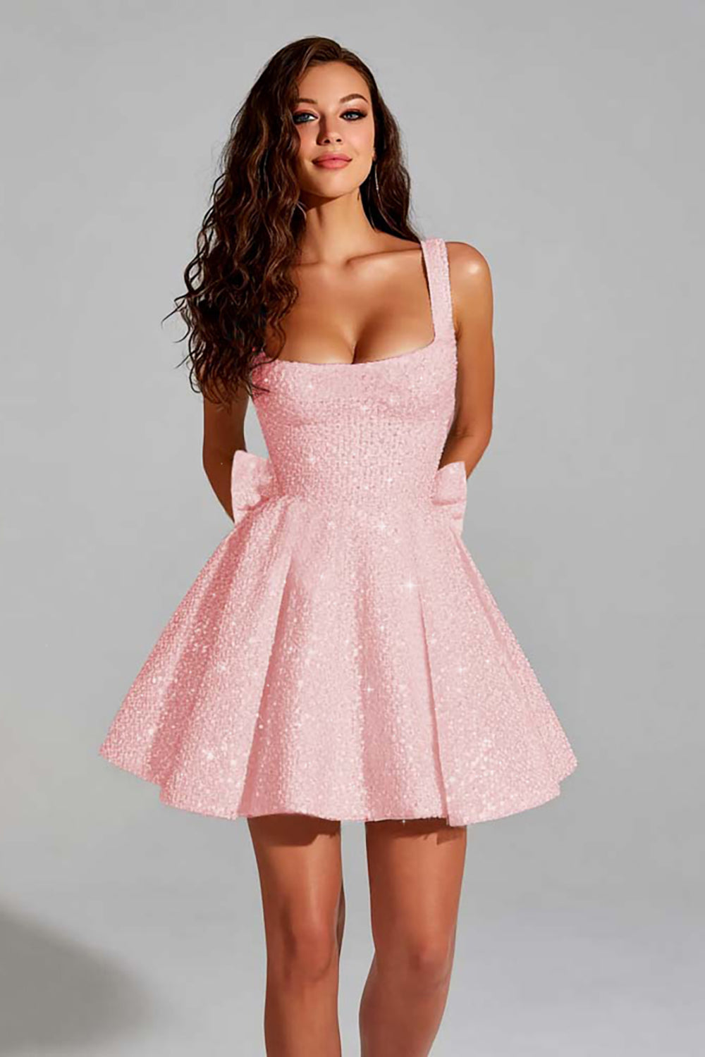 Sparkly Black A Line Square Neck Sequins Short Homecoming Dress with Back Giant Bow