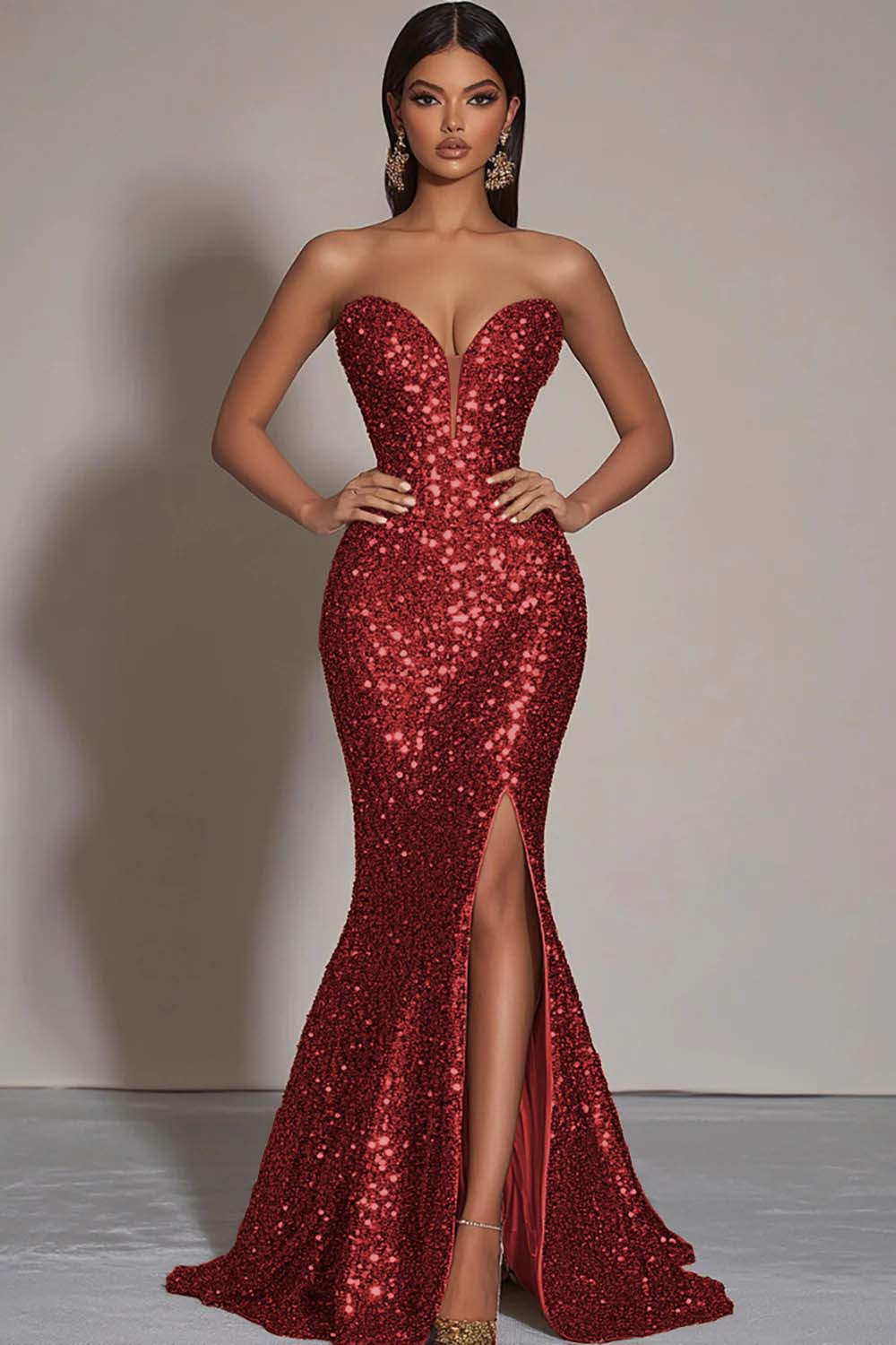 Sparkly Strapless Mermaid Gold Formal Dress With Slit