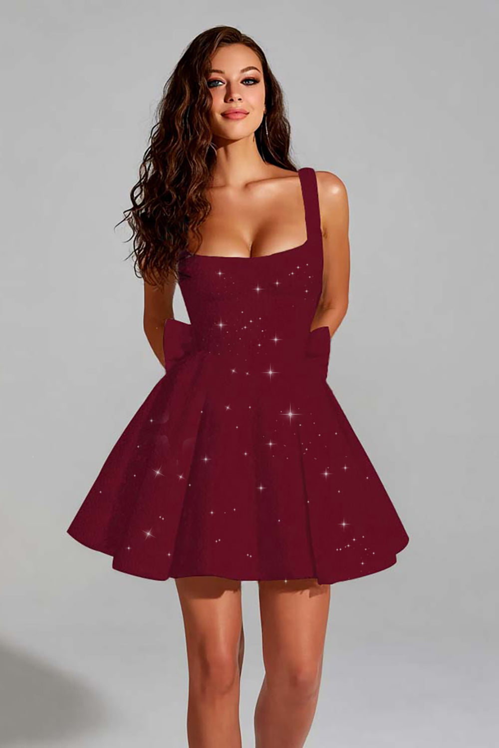 Sparkly Black A Line Square Neck Sequins Short Homecoming Dress with Back Giant Bow