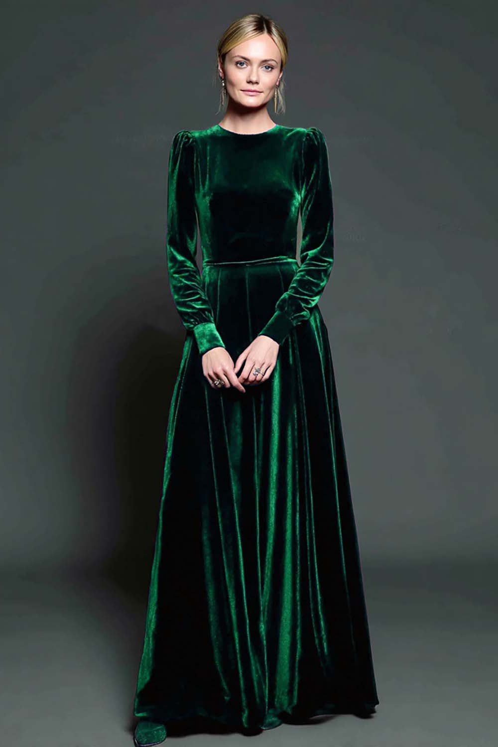 Dark Green A-Line Velvet Long Formal Dress With Long Sleeves