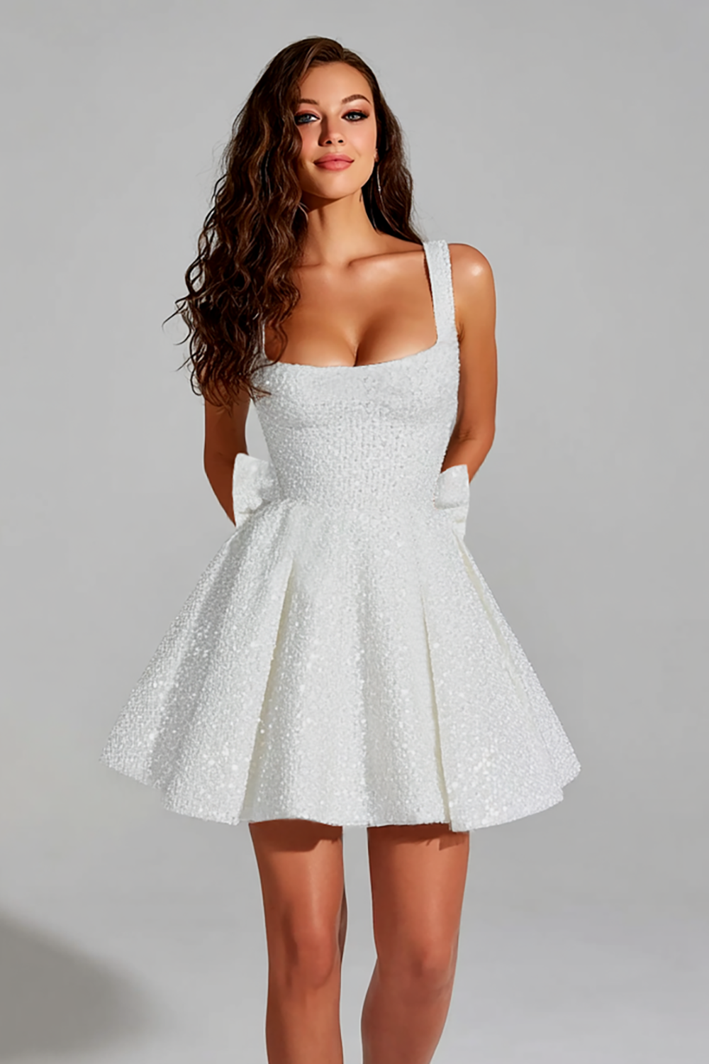 Sparkly Black A Line Square Neck Sequins Short Homecoming Dress with Back Giant Bow