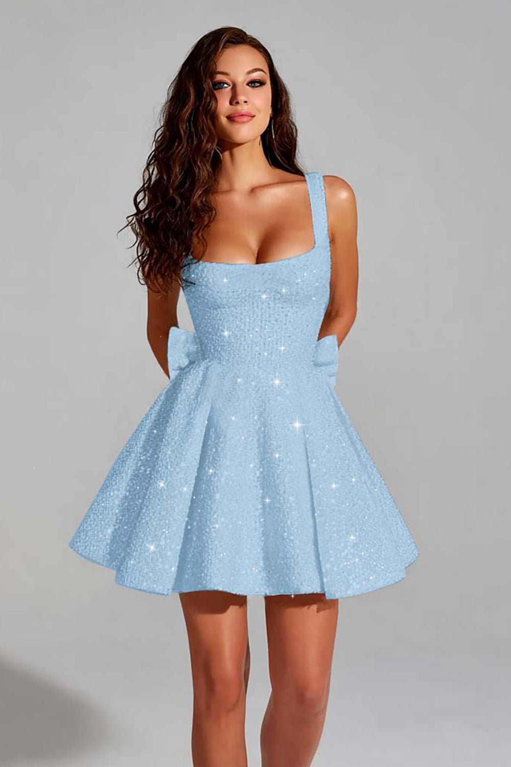 Sparkly Black A Line Square Neck Sequins Short Homecoming Dress with Back Giant Bow