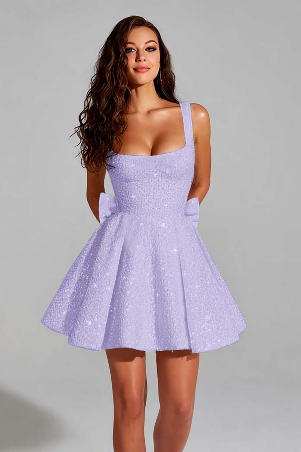Sparkly Black A Line Square Neck Sequins Short Homecoming Dress with Back Giant Bow