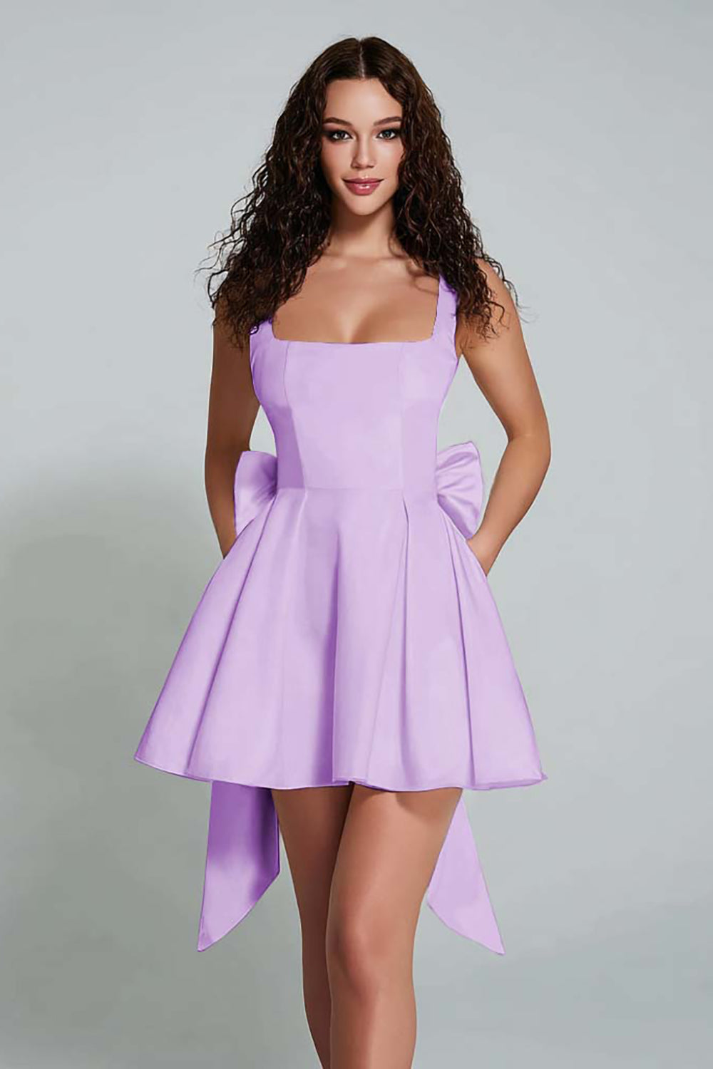Ivory A Line Square Neck Backless Short Homecoming Dress with Back Giant Bow