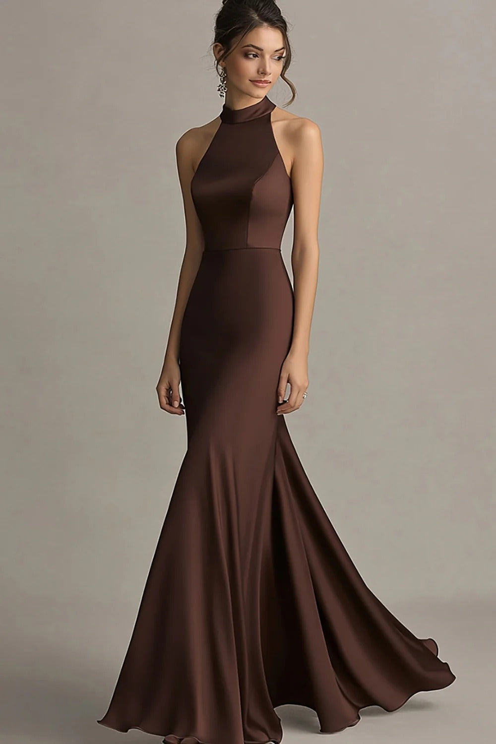 Mermaid Halter Coffee Open Back Long Formal Dress