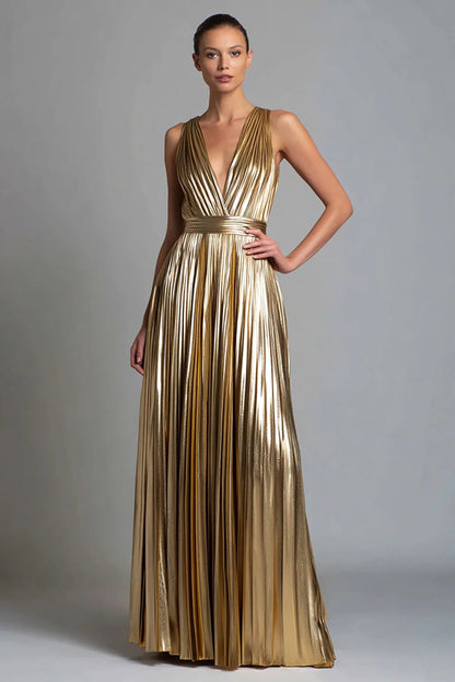 Gold A-Line V-Neck Metallic Long Formal Dress