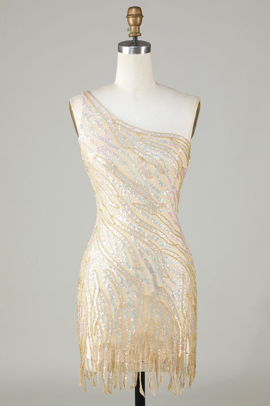 Sparkly Sheath One Shoulder Golden Sequins Short Homecoming Dress with Tassel