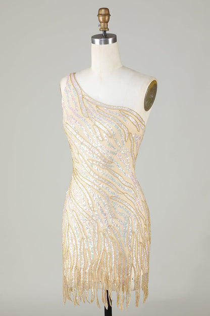 Sparkly Sheath One Shoulder Golden Sequins Short Homecoming Dress with Tassel