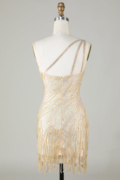 Sparkly Sheath One Shoulder Golden Sequins Short Homecoming Dress with Tassel