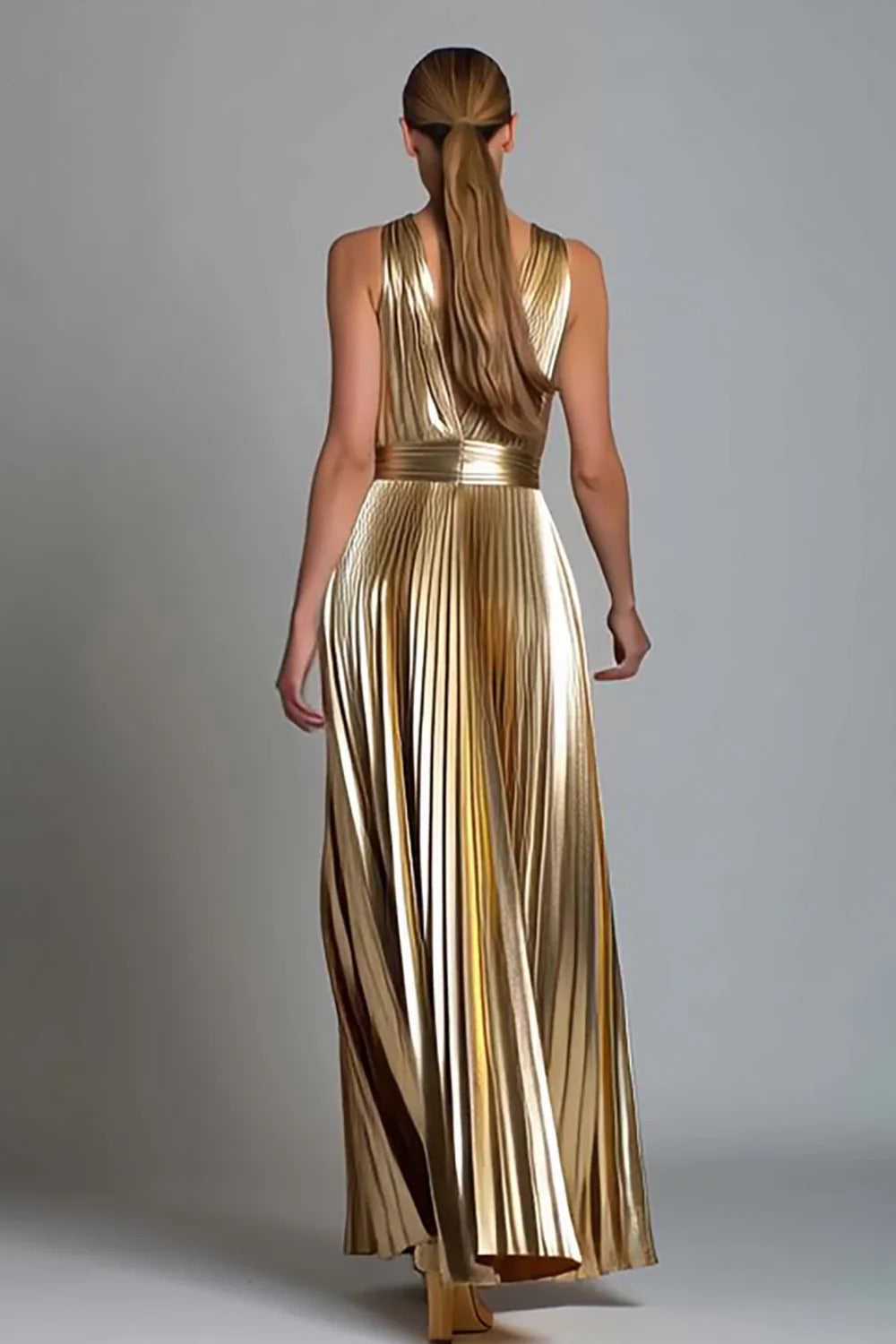 Gold A-Line V-Neck Metallic Long Formal Dress