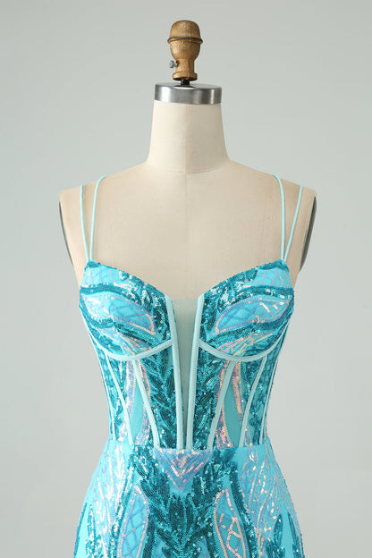 Green Corset Spaghetti Straps Homecoming Dress With Sequins