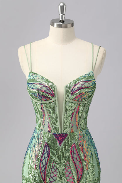 Green Corset Spaghetti Straps Homecoming Dress With Sequins